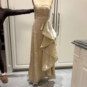 Azazie Strapless Shimmering Champagne Gown with Draped Ruffle